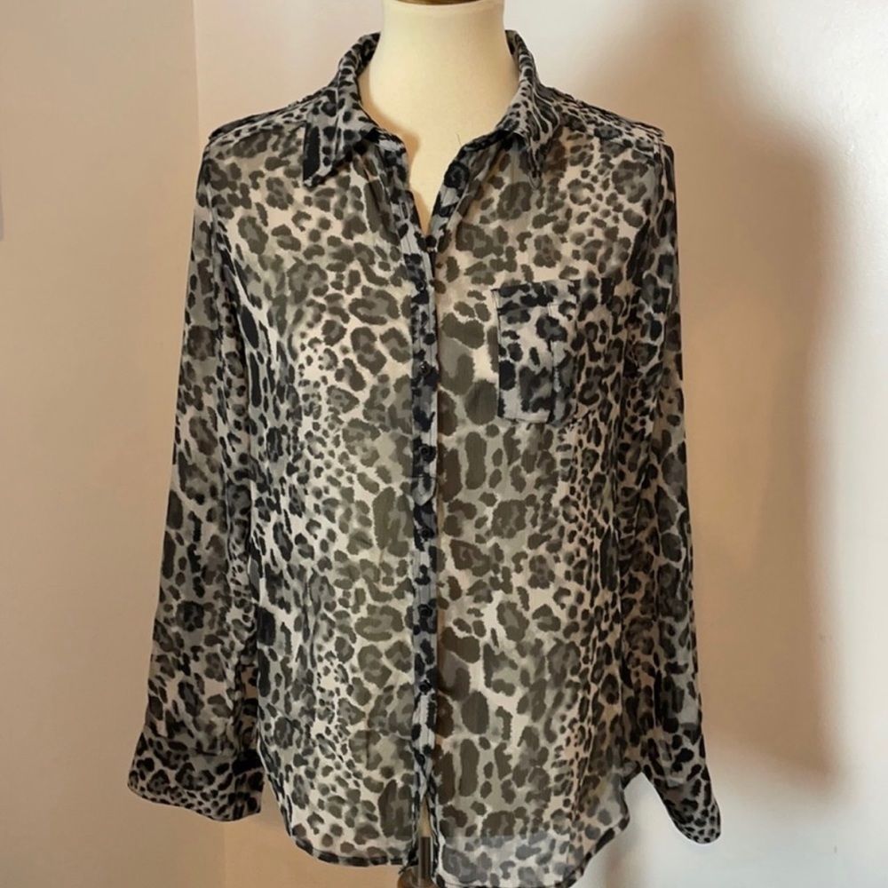 Guess Top | Guess Black Gray Leopard Print Blouse small